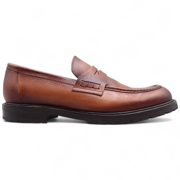 Donald Pliner Clyde Lug Sole Cognac Leather Penny Loafers Size 13M Dress Shoes - Picture 1 of 10